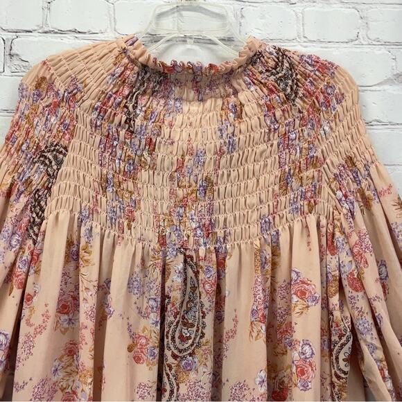 Altar’d State Blouse Women's Size S Peach Floral Paisley Boho Smocked Button Up - Picture 6 of 12